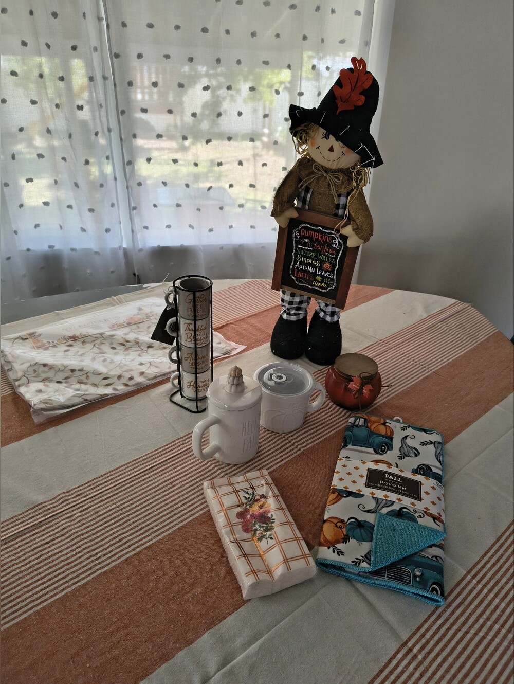 Fall Coffee Bar Decor Lot - Chalkboard Scarecrow, Mugs Tower, Drying Mat & Candl
